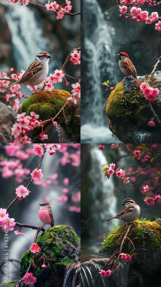 custom made wallpaper toronto digitalAI generator image of The pink bird Omachi is sitting on the branch of the cherry blossom tree, sakura