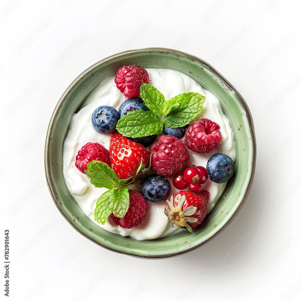 Green bowl of greek yogurt and fresh berries isolated on white background Green bowl of greek yogurt and fresh berries isolated on white background