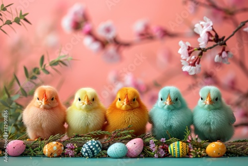 Four colorful chicks sit among Easter eggs and blossoms, creating a festive and joyful springtime atmosphere