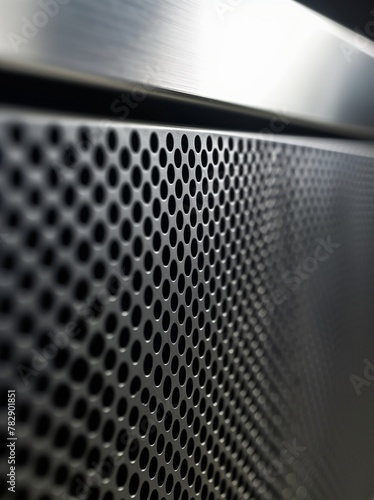 Ultra close up of the corner between two stainless steel mesh panels, modern minimalistic design with carbon fiber trim, designed in the style of teenage engineering