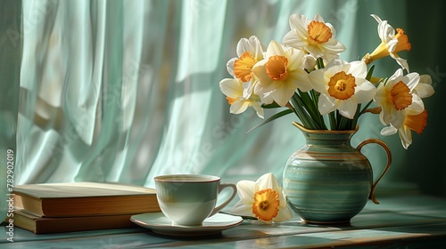 A table with books stacked on it, next to a vase with a large bouquet of a narcissus flowers, and a cup of hot tea. Generated by artificial intelligence.