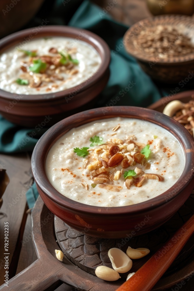 Top View of Indian Rice Pudding Dessert (Kheer)Toppings with Dry Fruits Served on Dining Table, Ready to be Served and Eaten.