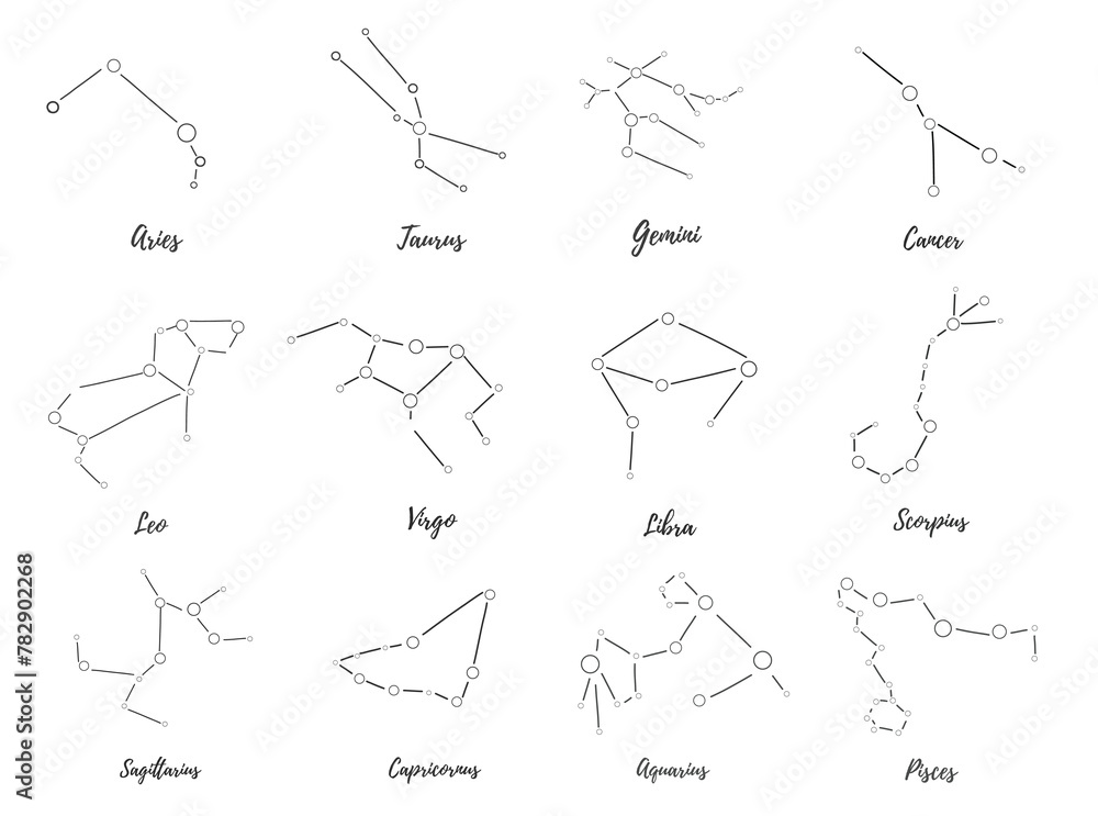 Set of vector doodle line astrology signs. Isolated on a white background. Simple outline icon of astrology constellations with different details. Set of vector doodle line astrology signs. Isolated on a white background. Simple outline icon of astrology constellations with different details.