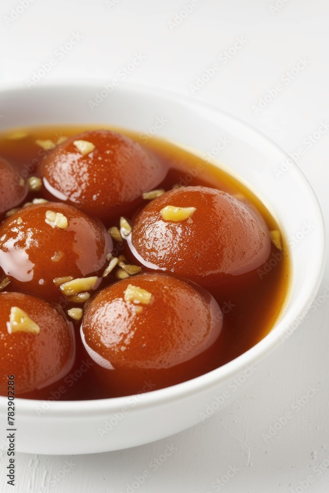 Mouth-watering Syrupy Indian Dumplings (Gulab Jamun) Dessert in Bowl, Ready to be Eaten and Enjoyed. Mouth-watering Syrupy Indian Dumplings (Gulab Jamun) Dessert in Bowl, Ready to be Eaten and Enjoyed.