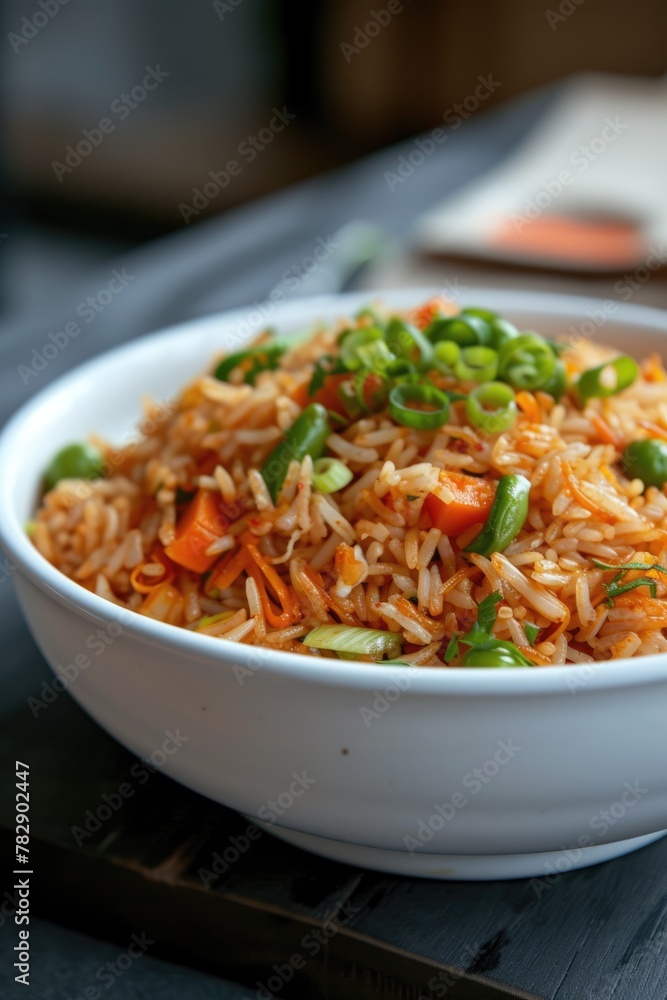 Delicious stir-fried rice (veg biryani) dish with various vegetables toppings in bowl, ready to be eaten and served. Delicious stir-fried rice (veg biryani) dish with various vegetables toppings in bowl, ready to be eaten and served.