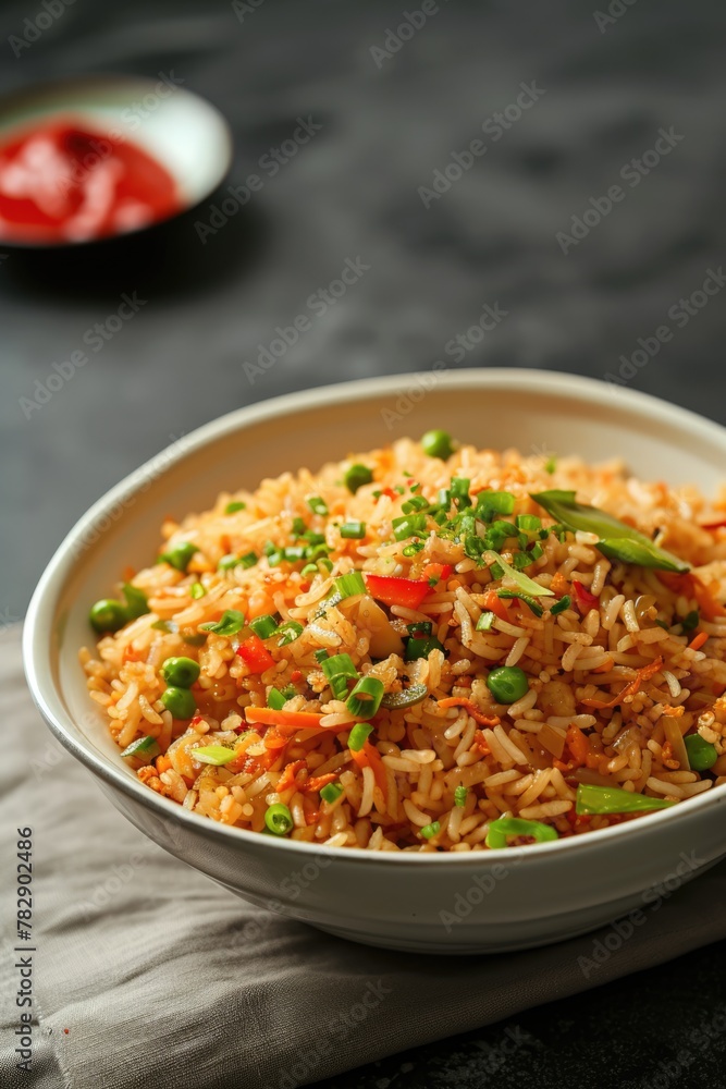 Delicious stir-fried rice (veg biryani) dish with various vegetables toppings in bowl, ready to be eaten and served. Delicious stir-fried rice (veg biryani) dish with various vegetables toppings in bowl, ready to be eaten and served.