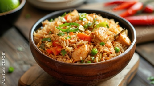 Delicious stir-fried rice with chicken and vegetables, such as peas and carrots, ready to be eaten and served.