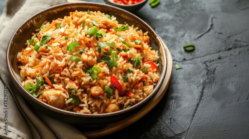 Delicious stir-fried rice with chicken and vegetables, such as peas and carrots, ready to be eaten and served.