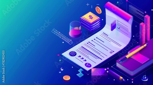 Isometric receipts, pen signing, online shopping, banking, accounting paychecks, fee documents, 3d modern line art web banner. photo