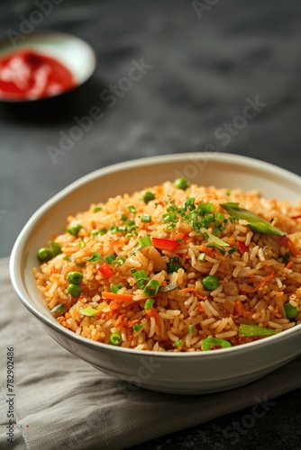 Delicious stir-fried rice (veg biryani) dish with various vegetables toppings in bowl, ready to be eaten and served.