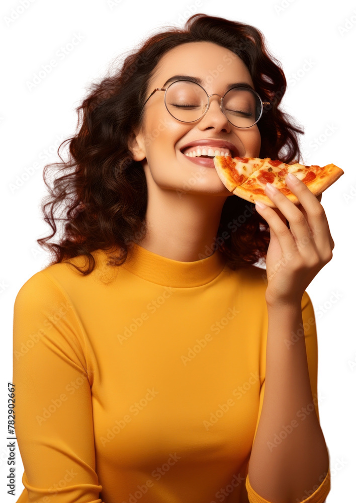 PNG Woman wear glasses pizza biting eating. PNG Woman wear glasses pizza biting eating.