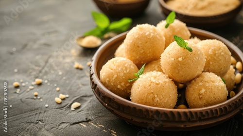 Delicious Indian Semolina Sweet Balls (Rava or Suji Laddu) Served in Bowl, Ready To Be Eaten.