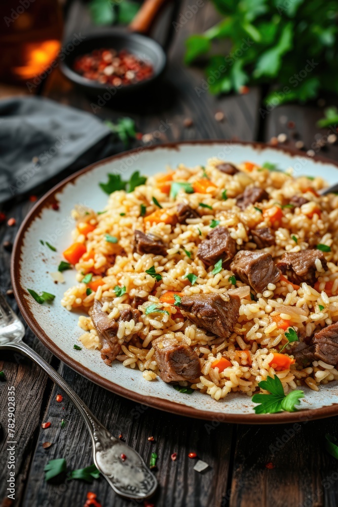 Steak Fried Rice (Beef Fried Rice) in Plate, Ready to be Served and Eaten. Steak Fried Rice (Beef Fried Rice) in Plate, Ready to be Served and Eaten.