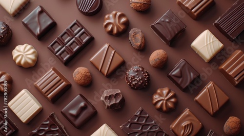 World Chocolate Day Concept. Various chocolates in dark color. Space for text. Banner, background, template. Happy chocolate day. photo
