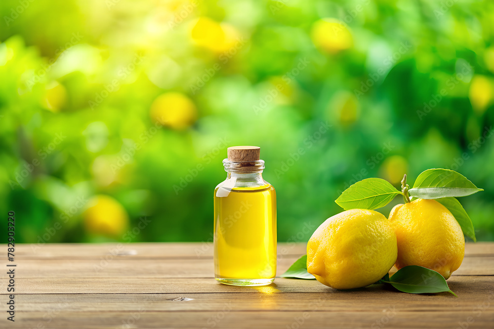 Fresh lemons with leaves and a bottle of essential oil on a wooden table against a green nature background Fresh lemons with leaves and a bottle of essential oil on a wooden table against a green nature background