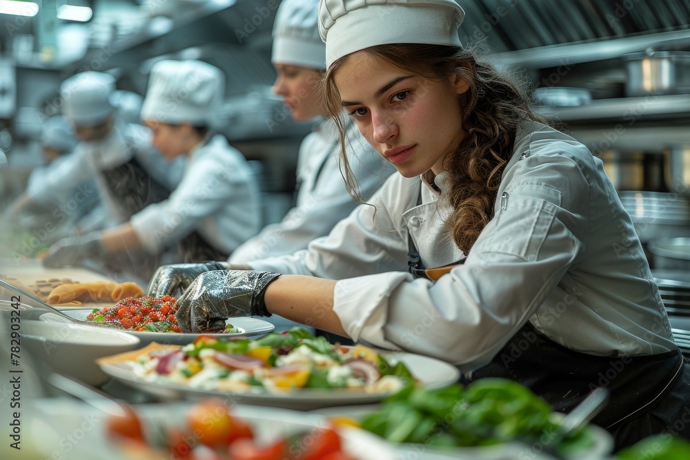 A focused young female chef is preparing a fresh salad, surrounded by her colleagues in a professional kitchen environment