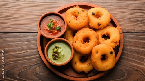 South Indian Style Medu Vada (Garelu) with Sauce Served on Plate, Ready to be Eaten and Enjoyed. photo