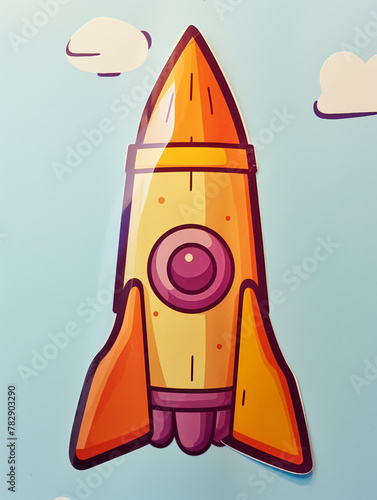 A 3d kids cartoon rocket with a white and orange body is flying in space.