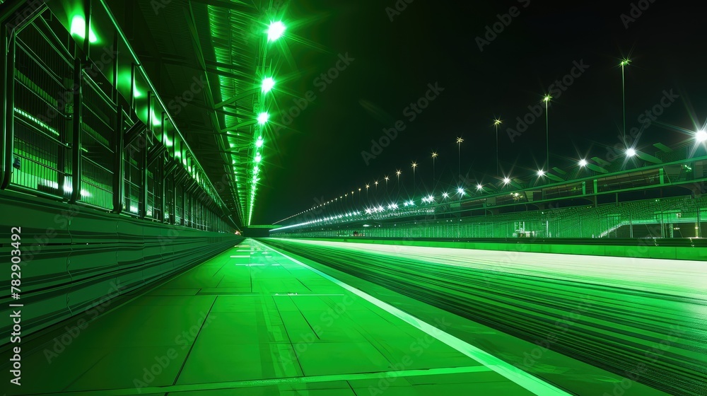 Illuminated Night Race Track in Empty Stadium