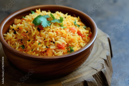appetizing fried rice dish garnished with tomatoes piece, parsley and peppers, creating an inviting scene.