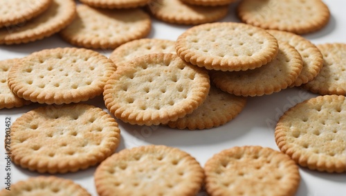 Delicious crispy round crackers isolated on white, concept of making homemade cookies

