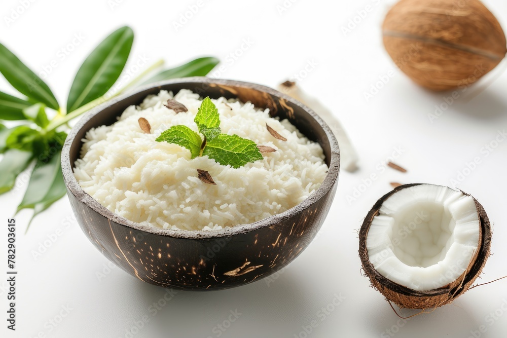 Delicious White Rice Filled with Coconut Bowl on White Background, Closeup Image. Delicious White Rice Filled with Coconut Bowl on White Background, Closeup Image.