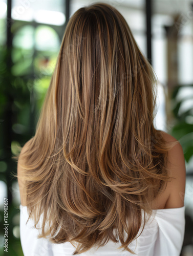 woman with straight brown hair color with blonde balayage highlights and Long Layers. 