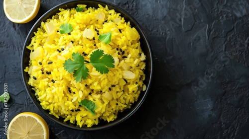 wooden bowl filled with delicious Indian rice dish (poha) and various toppings, inviting the viewer to enjoy a serving of this delectable dish. photo
