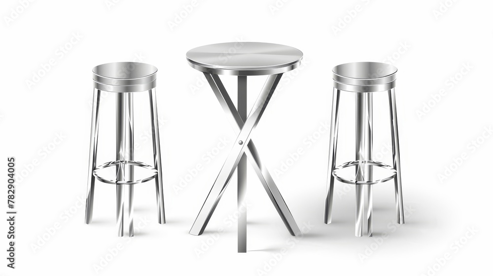 Isolated on white background are modern metal tables with round and square tops. Modern realistic set of cocktail, coffee and dining tables with cross legs, chrome furniture in kitchen or cafe. Isolated on white background are modern metal tables with round and square tops. Modern realistic set of cocktail, coffee and dining tables with cross legs, chrome furniture in kitchen or cafe.