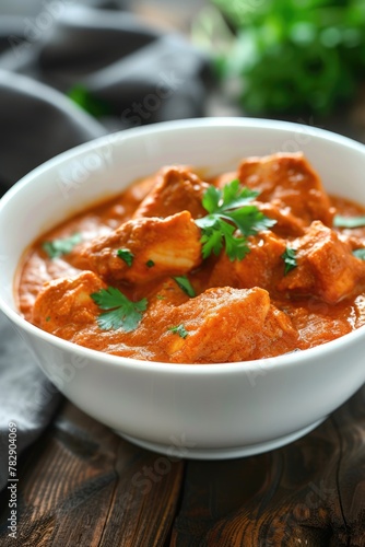 Freshly Cooked Chicken Curry Dish Served on Dining Table, Ready to be Eaten and Enjoyed.