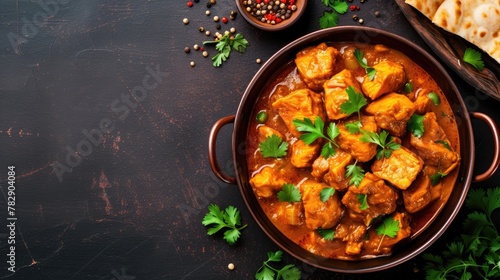 Top View of Freshly Cooked Chicken Curry Dish Served on Dining Table, Ready to be Eaten and Enjoyed.