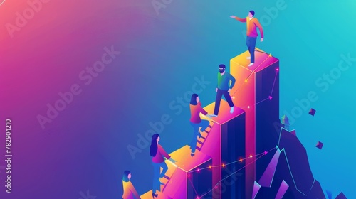 An isometric landing page for employees and the company. Business team climbing up a column chart, with leader standing on top. Couple pushing one another up a mountain, and teamwork 3d modern web