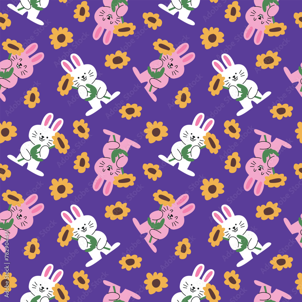 CUTE BUNNY IS HOLDING A SUNFLOWER SEAMLESS PATTERN CUTE BUNNY IS HOLDING A SUNFLOWER SEAMLESS PATTERN