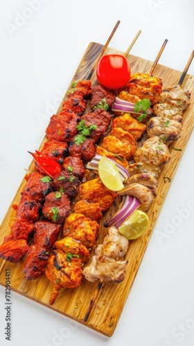 A delicious assortment of kebabs on a wooden platter