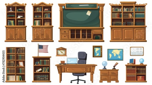 Interior furniture and stuff the school cabinet of history contains. The teacher's desk with a laptop and a blackboard, a backpack, chairs, a bookshelf and drawer, an American flag, a map, and a bust