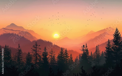 Sunset and silhouettes of trees in the mountains