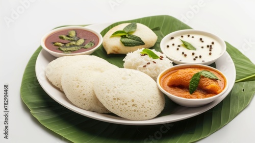 Appetizing South Indian Style Idli Dish with Sauce, Curry (Sambar) Served on Banana Leaf, Ready to be Eaten and Enjoyed.