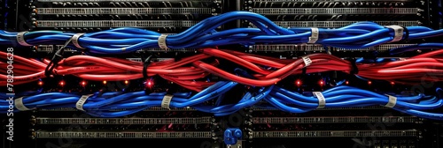 A wall with rows of blue and redinternet cables and led lights in data centre server room