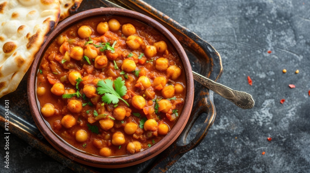 Top View of Spicy Indian Chickpea Curry with Flatbread or Nan Served on Dining Table, Inviting the Viewer to Enjoy a Serving of This Delectable Dish.