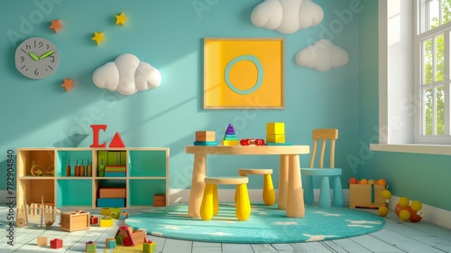Realistic 3D Modern Illustration of a kids table with a poster mockup, chair, toy cubes, pyramid and cloud decoration on the wall. Child playroom interior with wooden furniture and stuff for games © Mark
