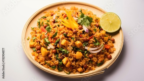 Top View of Delicious Spicy Indian Rice Dish with Beans Served in Plate with Lime Slice, Ready to be Eaten and Enjoyed.