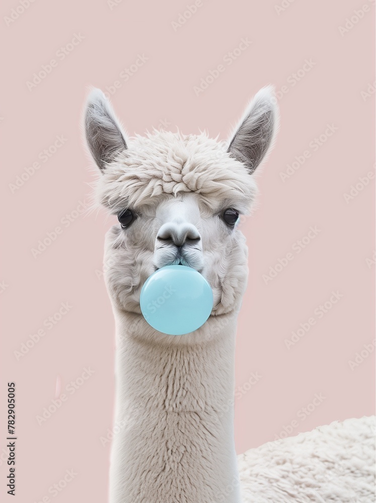 Fototapeta premium Funny poster. portrait of white alpaca blowing blue bubble gum, on a solid pink background, in a minimalist style with pastel colors and soft lighting. Humor card, t-shirt composition