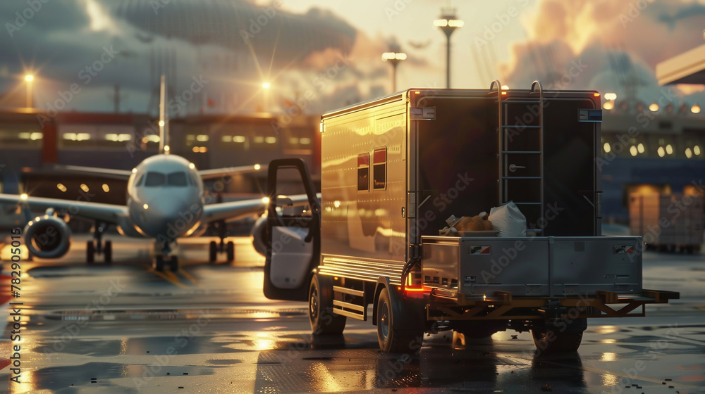 food catering stationery truck transfering food to the airplane with on realistic cinematic photo of airport food catering stationery truck transfering food to the airplane with on realistic cinematic photo of airport