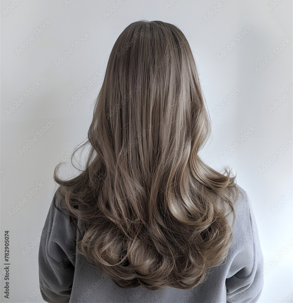 Fototapeta premium Woman long ash-brown hair with highlights, cascading down her back