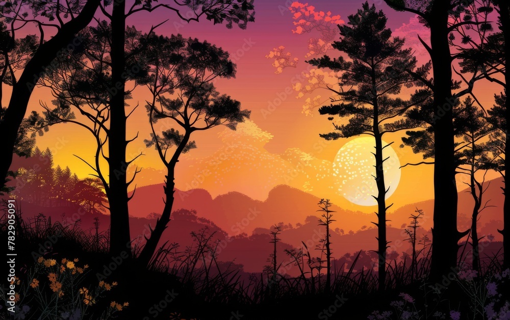 Sunset and silhouettes of trees in the mountains Sunset and silhouettes of trees in the mountains