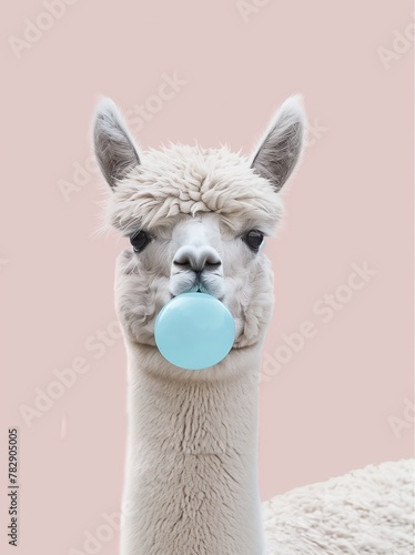 Funny poster. portrait of white alpaca blowing blue bubble gum, on a solid pink background, in a minimalist style with pastel colors and soft lighting. Humor card, t-shirt composition