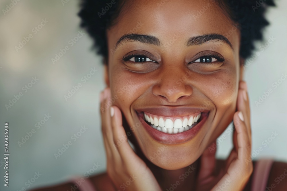 woman laughing with her hands, her head tilted back and eyes closed in joy. She has short hair styled. The background is neutral with soft lighting, highlighting her expression and skin texture. woman laughing with her hands, her head tilted back and eyes closed in joy. She has short hair styled. The background is neutral with soft lighting, highlighting her expression and skin texture.