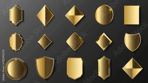 Golden holographic stickers, labels. Isolated on transparent background with gold gradient texture. Modern realistic set of blank hologram emblems with curved corners. photo
