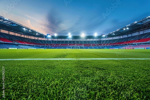 An empty soccer stadium with red seats and green grass field, night time. photo