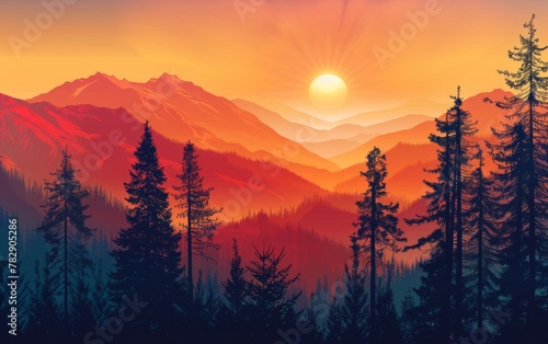 Sunset and silhouettes of trees in the mountains © MUS_GRAPHIC